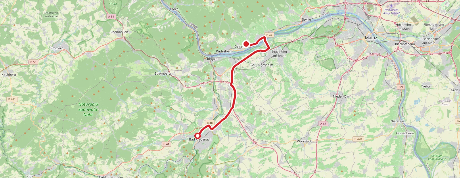 Karte: Anfahrt von Geisenheim nach Bad Kreuznach