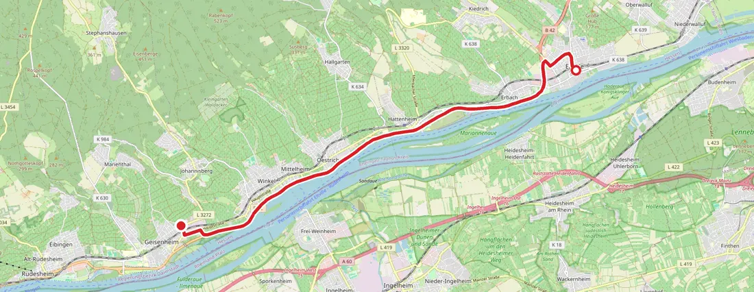 Karte: Anfahrt von Geisenheim nach Eltville