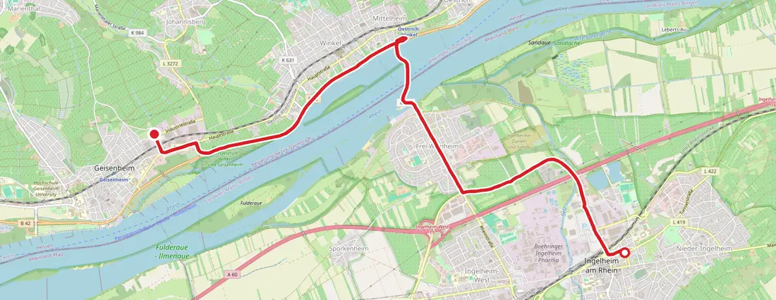 Karte: Anfahrt von Geisenheim nach Ingelheim