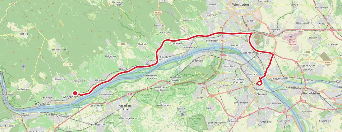 Karte: Anfahrt von Geisenheim nach Mainz