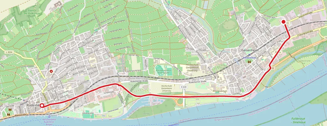Karte: Anfahrt von Geisenheim nach Rüdesheim