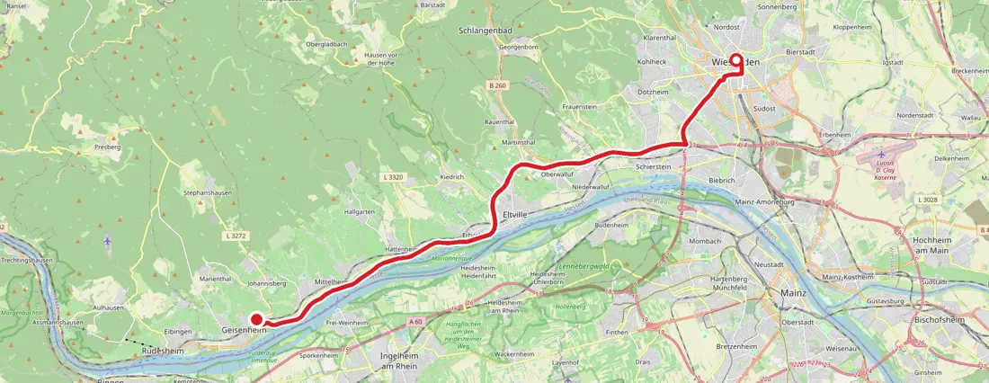 Karte: Anfahrt von Geisenheim nach Wiesbaden